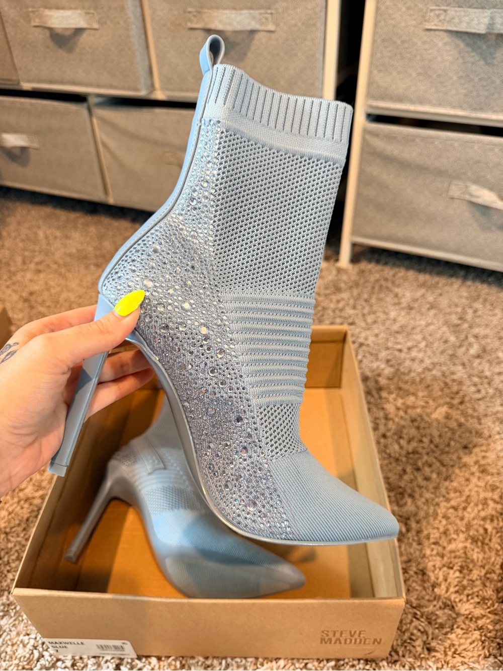 Steve Madden Maxwell Blue Rhinestone Knit Sock Heeled Boots